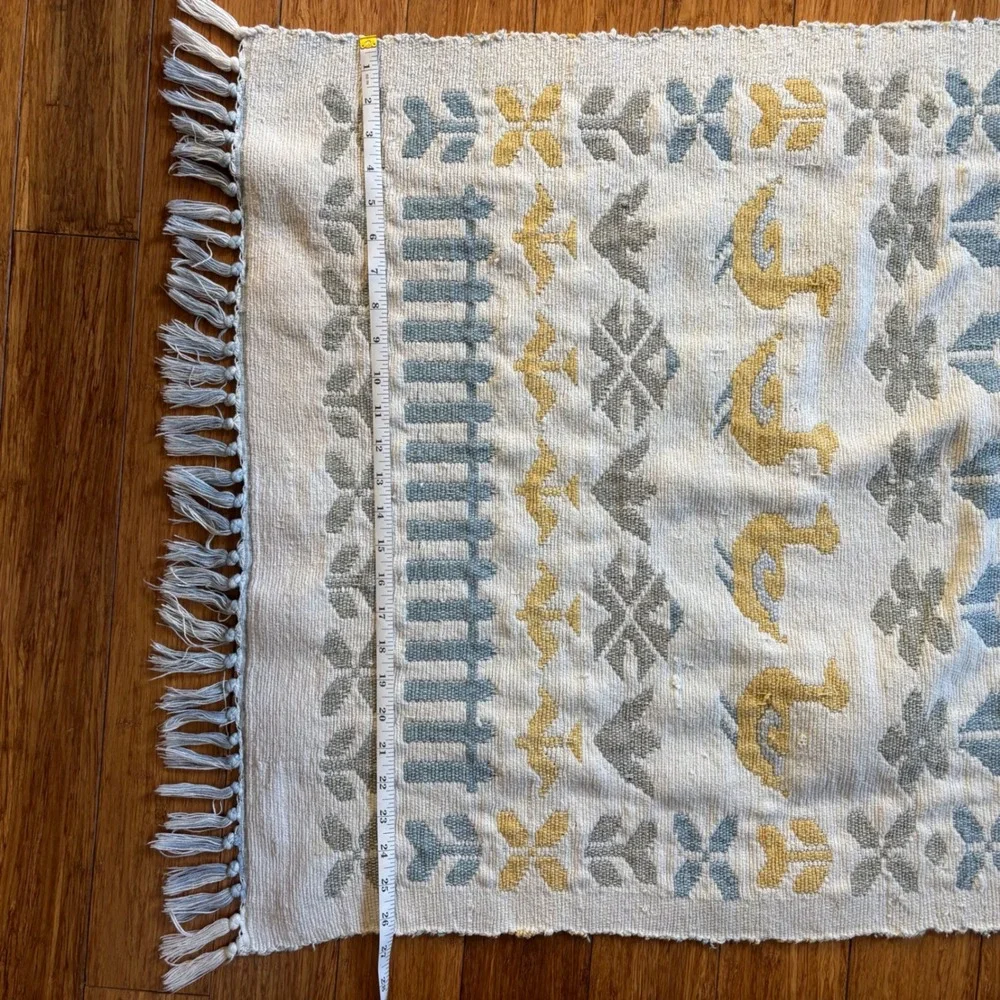Vintage Folk Art Handwoven Rug | Blue, Yellow, Ducks | 26x40 + Fringe